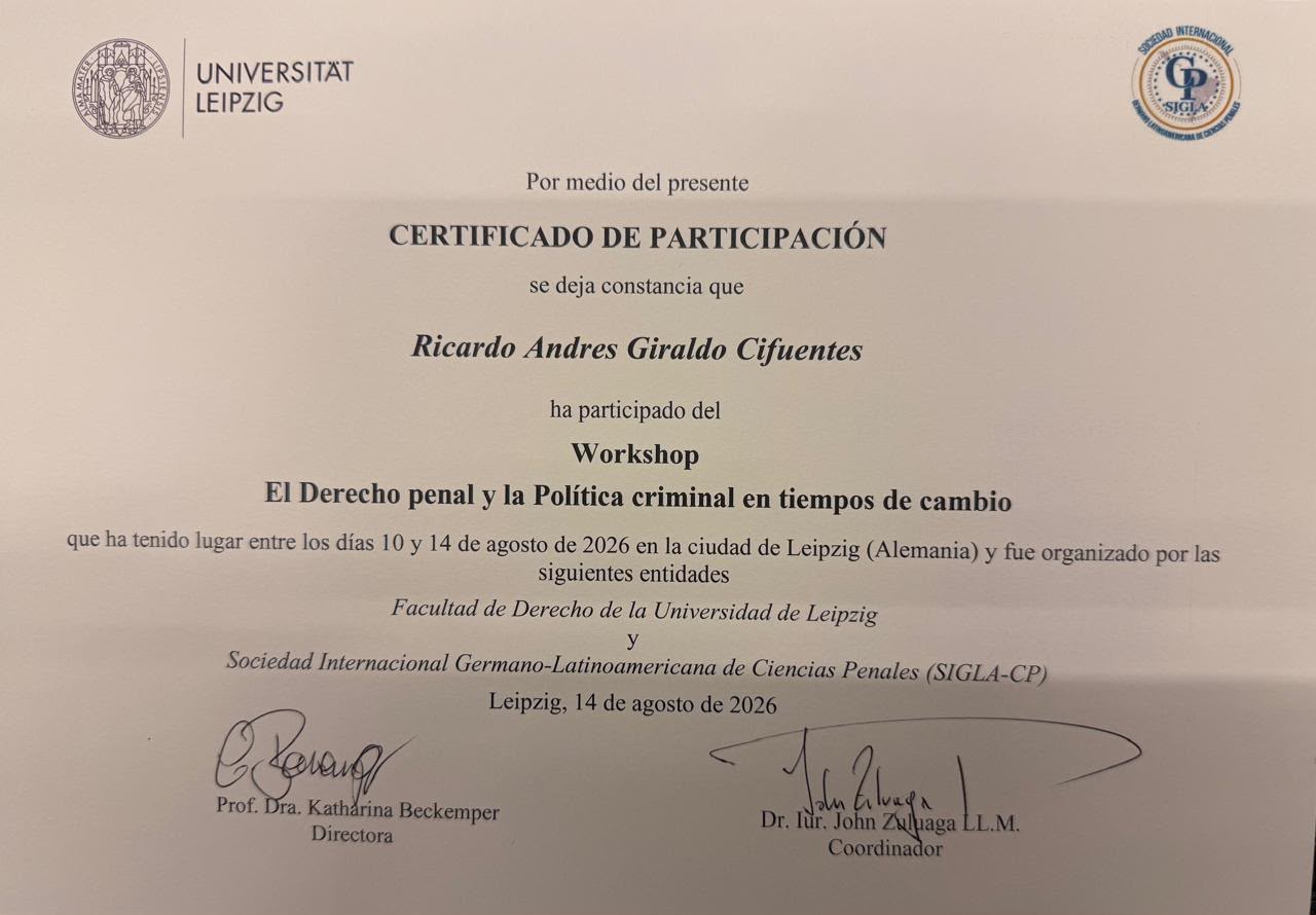 Ricardo Andrés Giraldo Cifuentes participa en encuentro académico de Derecho penal en Alemania
